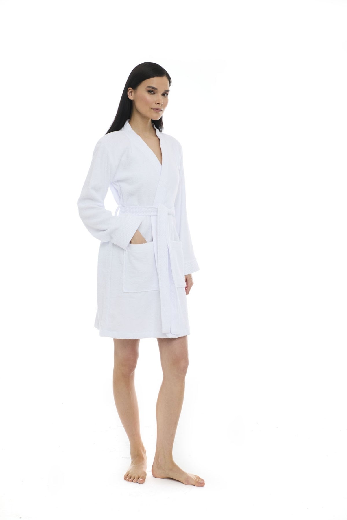 Athena Kimono Kadın Mini Bornozu - Beyaz -Armürlü %100 Pamuk