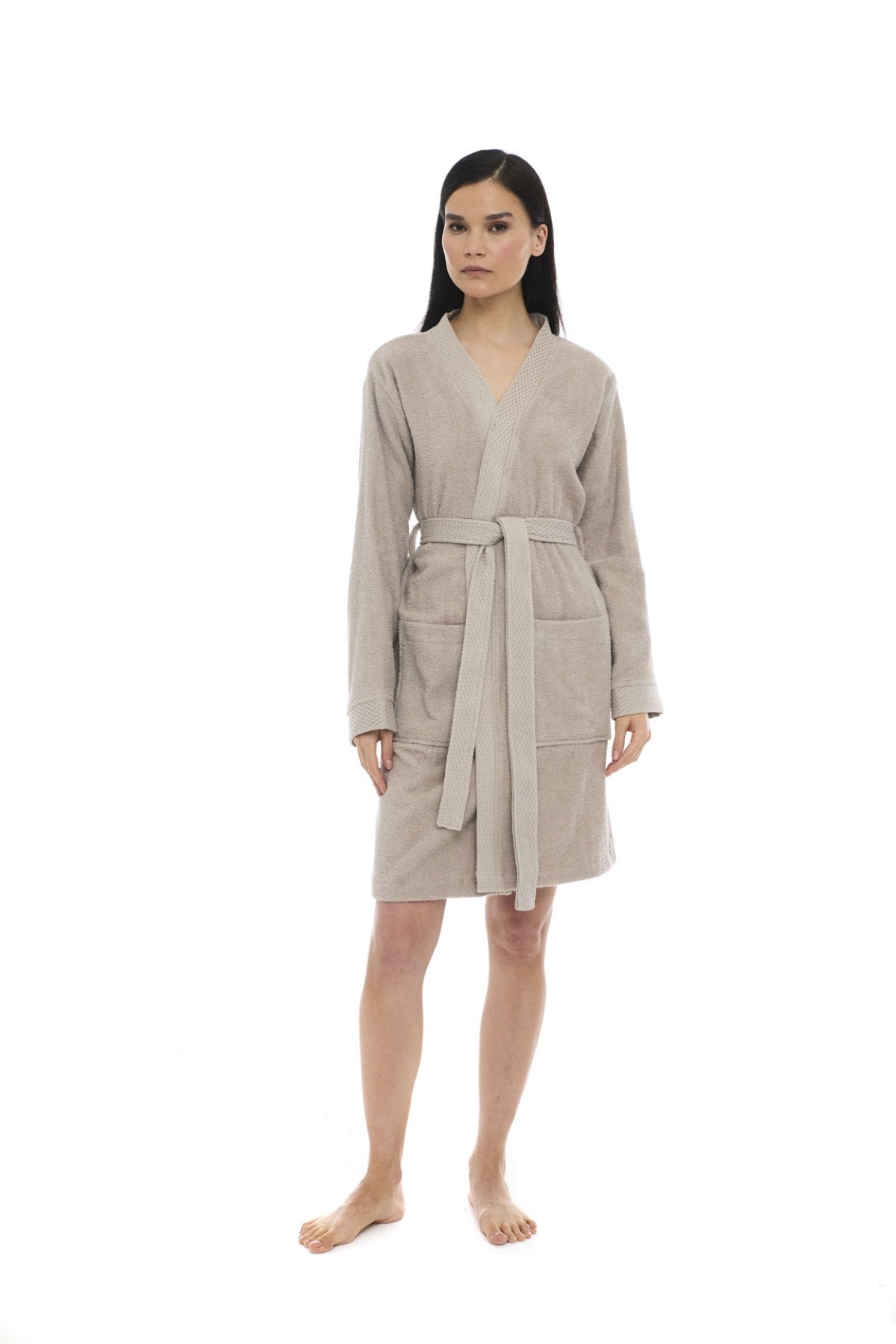 Athena Kimono Kadın Mini Bornozu - Bej -Armürlü %100 Pamuk