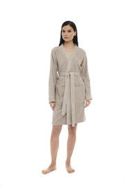 Athena Kimono Kadın Mini Bornozu - Bej -Armürlü %100 Pamuk