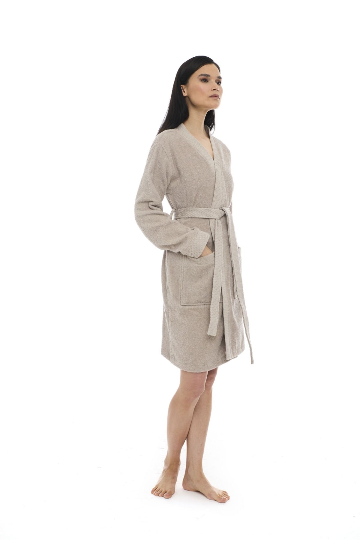Athena Kimono Kadın Mini Bornozu - Bej -Armürlü %100 Pamuk