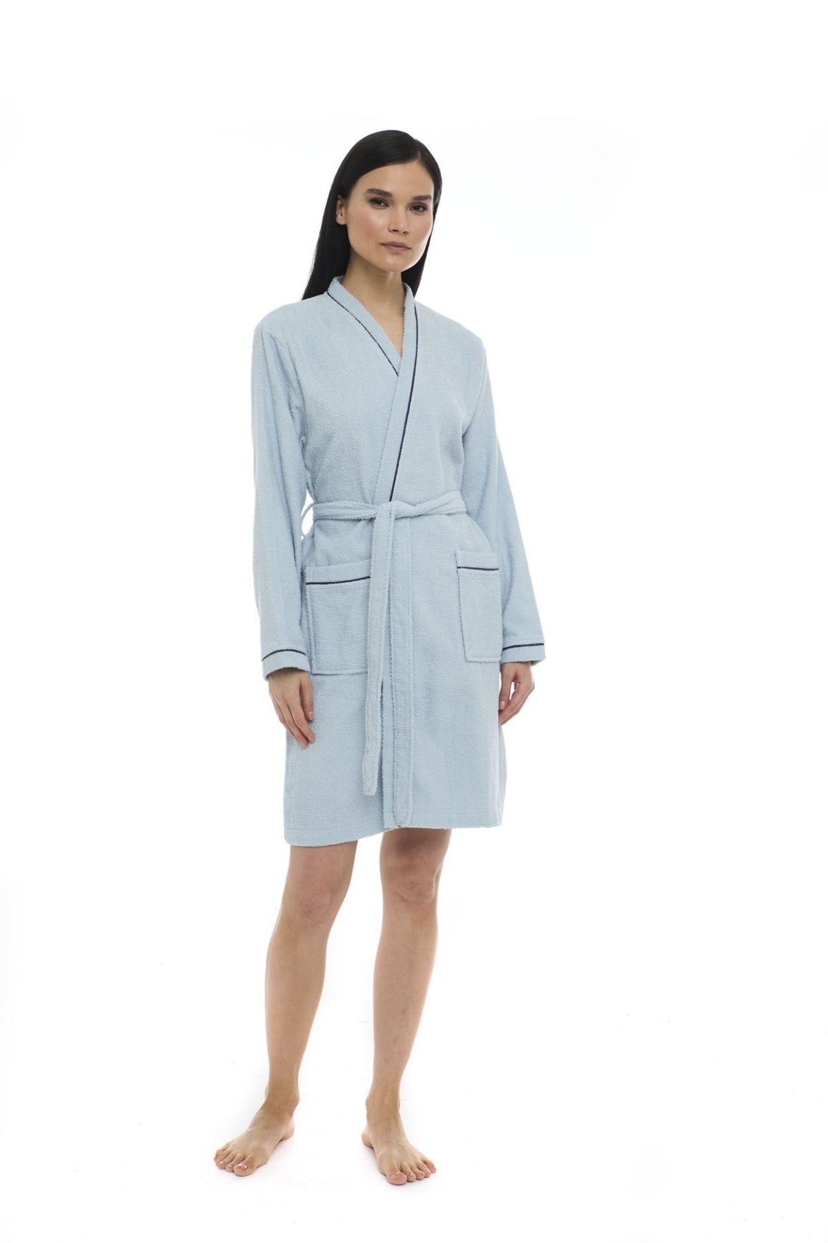 Athena Kimono Kadın Mini Bornozu - Açık Mavi - Fitilli %100 Pamuk