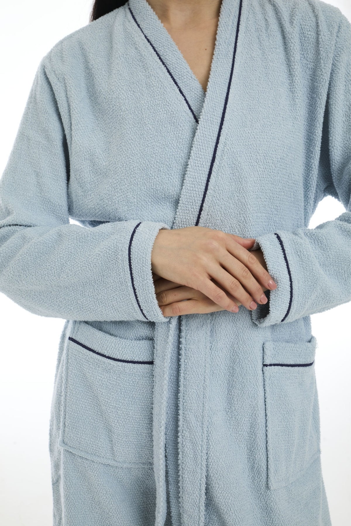 Athena Kimono Kadın Mini Bornozu  Açık Mavi -Fitilli %100 Pamuk