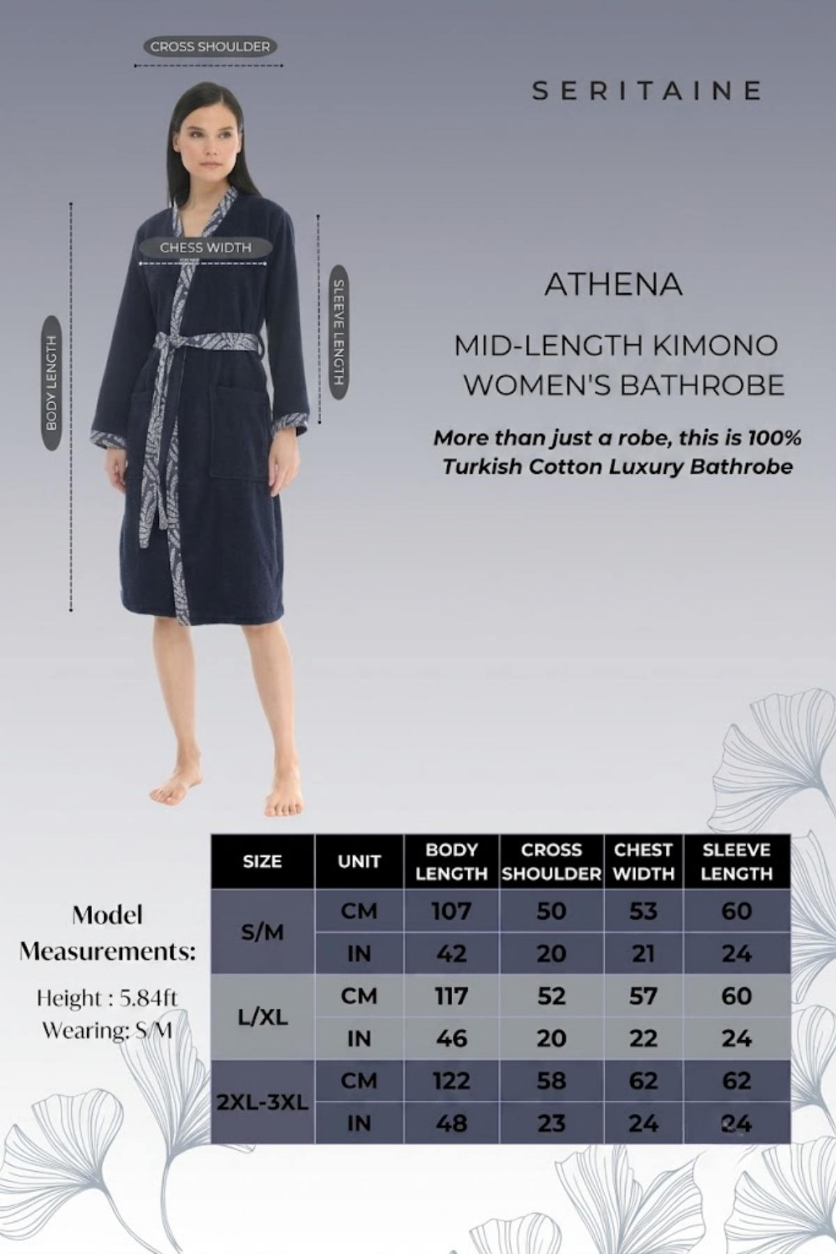 Athena Kimono Kadın Bornozu- Lacivert Jakar Bordürlü %100 Pamuk