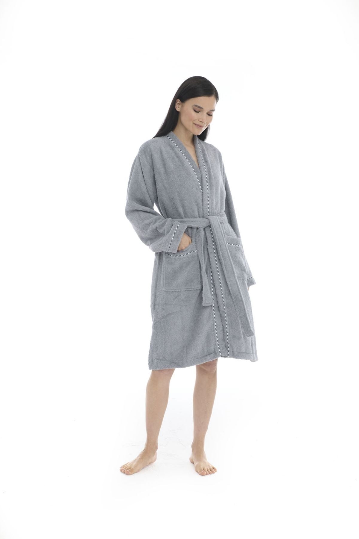 Athena Kimono Kadın Bornozu Gri -Fitilli %100 Pamuk