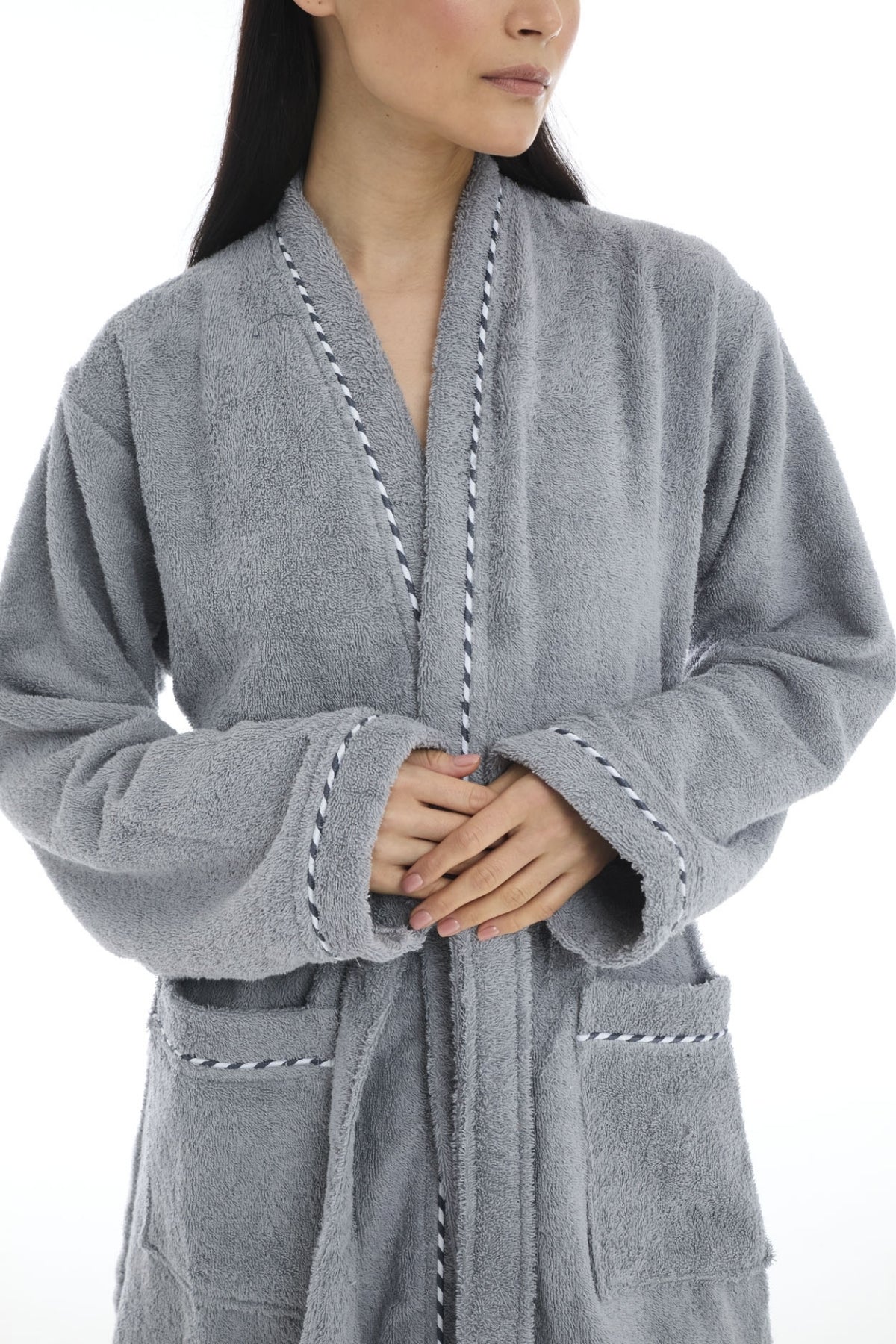 Athena Kimono Kadın Bornozu Gri -Fitilli %100 Pamuk