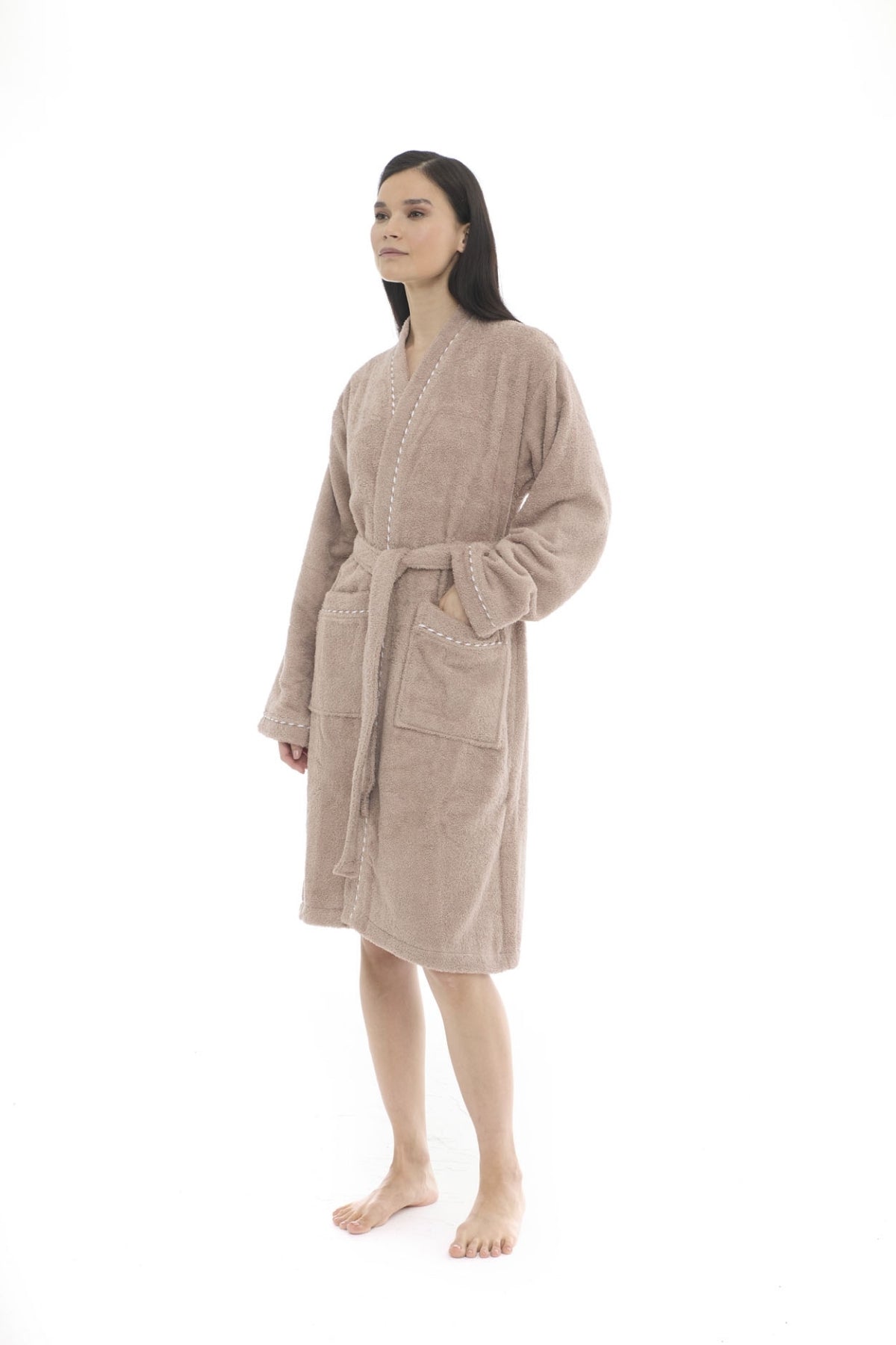 Athena Kimono Kadın Bornozu Taupe -Fitilli %100 Pamuk