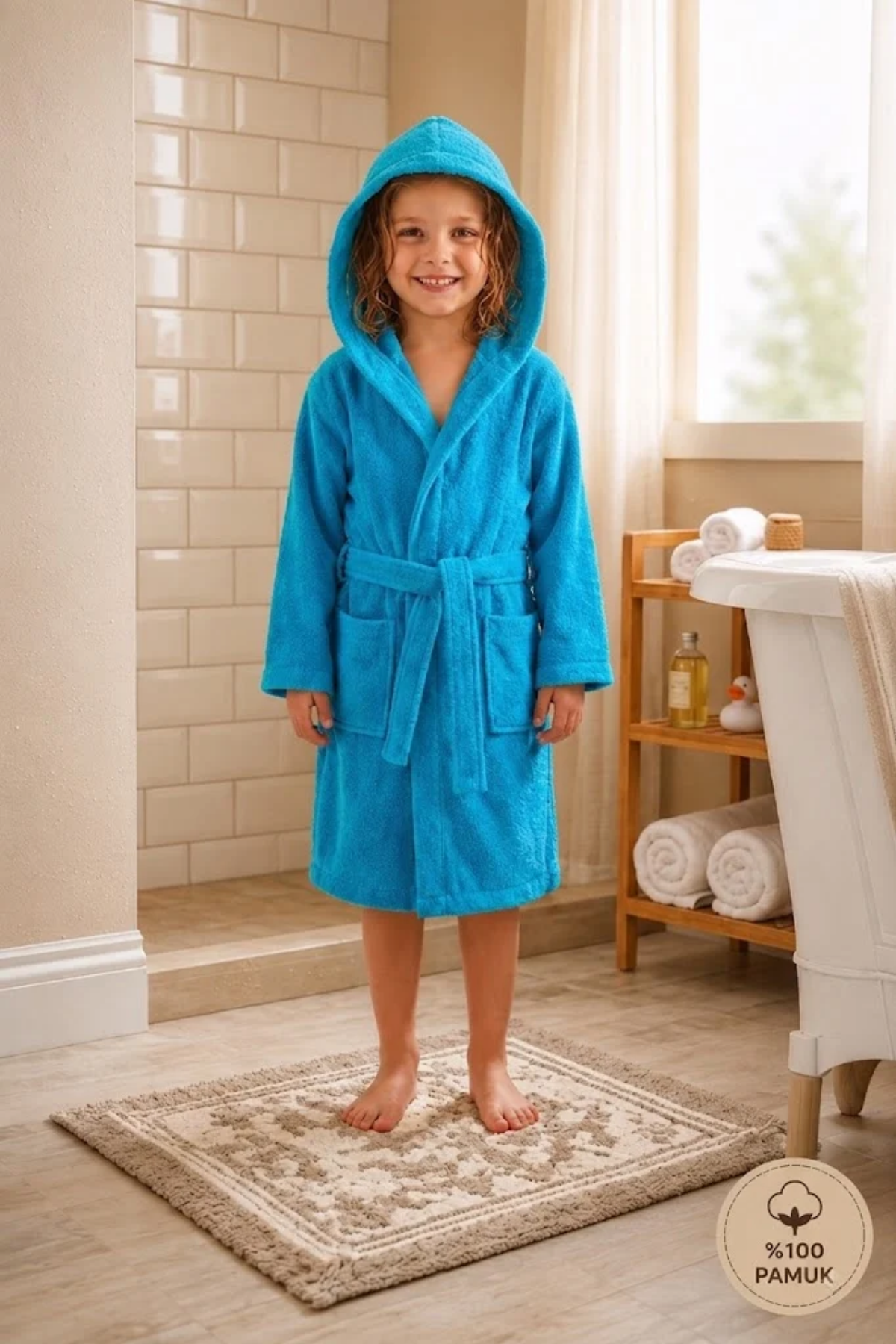 Çocuk Bornozu Turkuaz- Düz - 8-10 yaş %100 Pamuk
