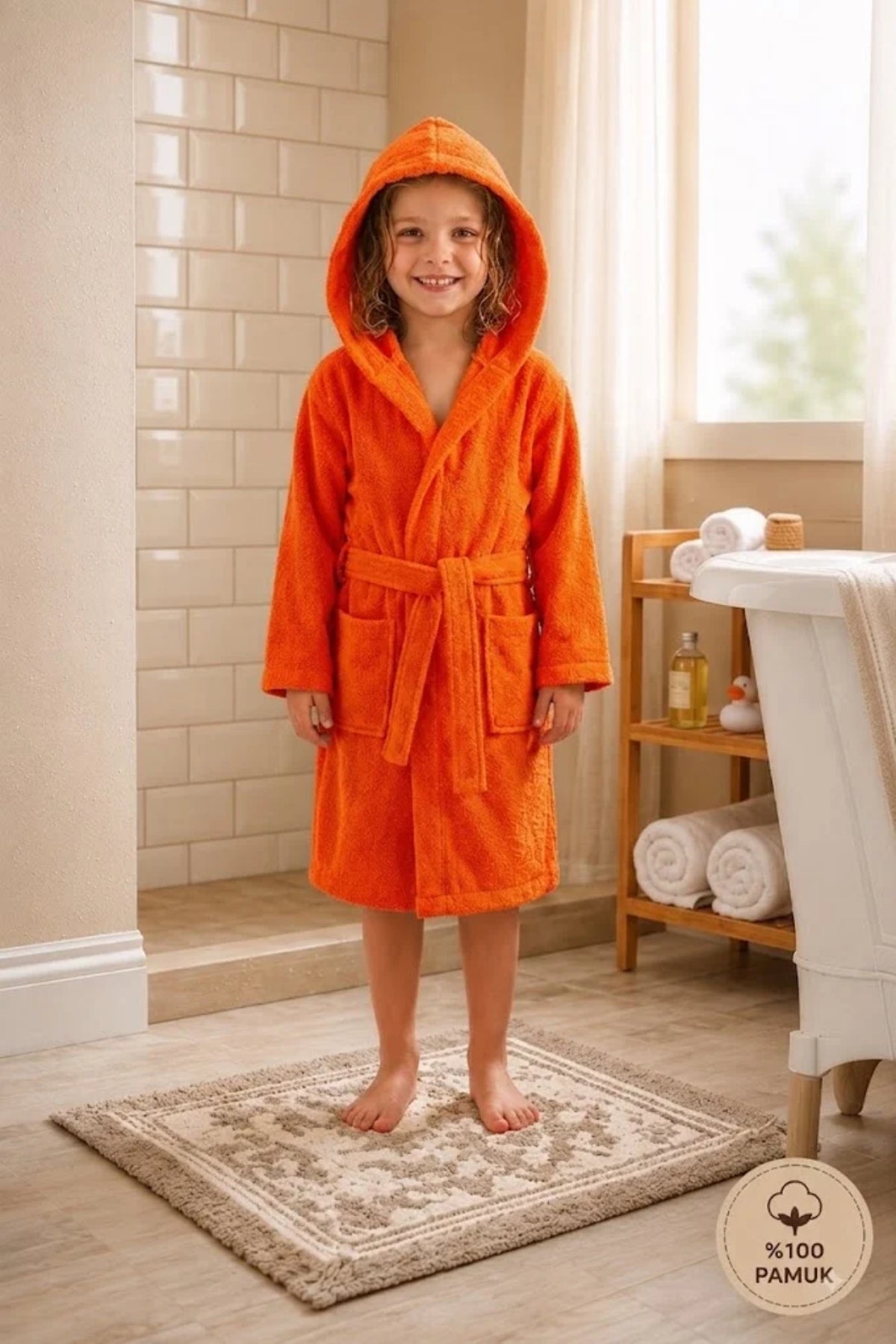 Çocuk Bornozu Turuncu - Düz - 6-8 yaş %100 Pamuk