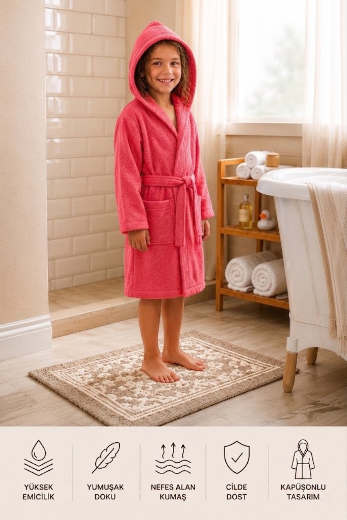 Çocuk Bornozu Pembe - Düz - 8-10 yaş %100 Pamuk