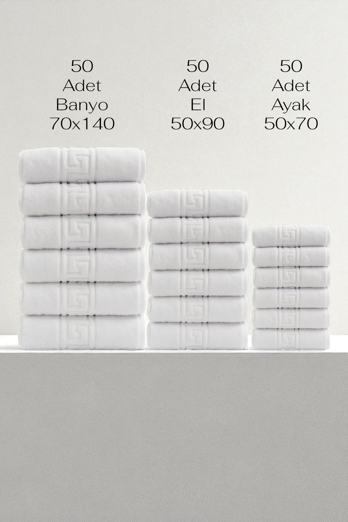 150'li Greek Havlu Otel Serisi L - 50 El Havlu 50x90,  50 Banyo Havlu 70x140, 50 Ayak Havlu 50x70