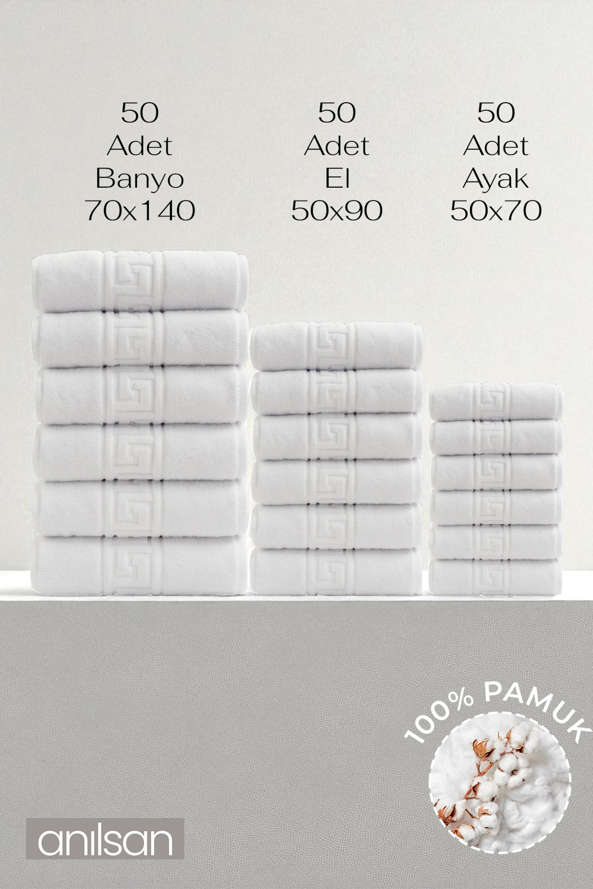 150'li Greek Havlu Otel Serisi L - 50 El Havlu 50x90,  50 Banyo Havlu 70x140, 50 Ayak Havlu 50x70