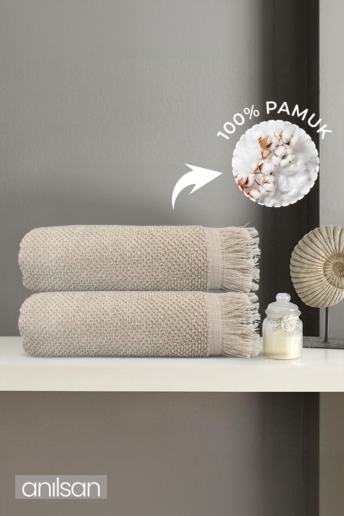 2'li Bej Jelena Banyo Havlusu-70x140 Cm, 490 Gr, %100pamuk, Spa Ve Otel Havlusu Uy