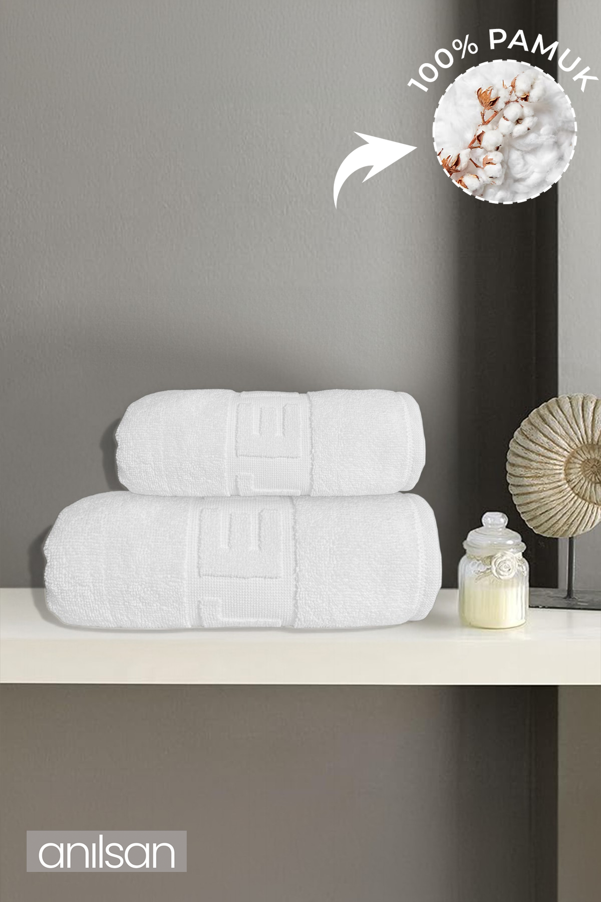 2'li Beyaz Hotel Logo Havlu Seti %100 Pamuk - 1 Adet El Havlusu 50x90 ve 1 Adet Banyo Havlusu 70x140