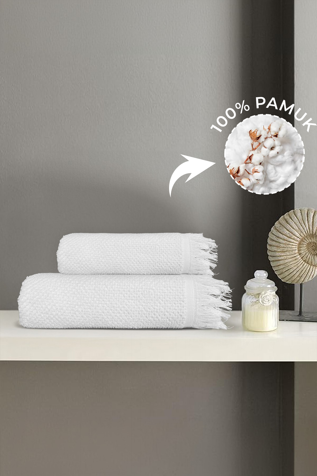 2'li Beyaz Jelena Havlu Seti %100 Pamuk  - 1 Adet El Havlusu 50x90 ve 1 Adet Banyo Havlusu 70x140