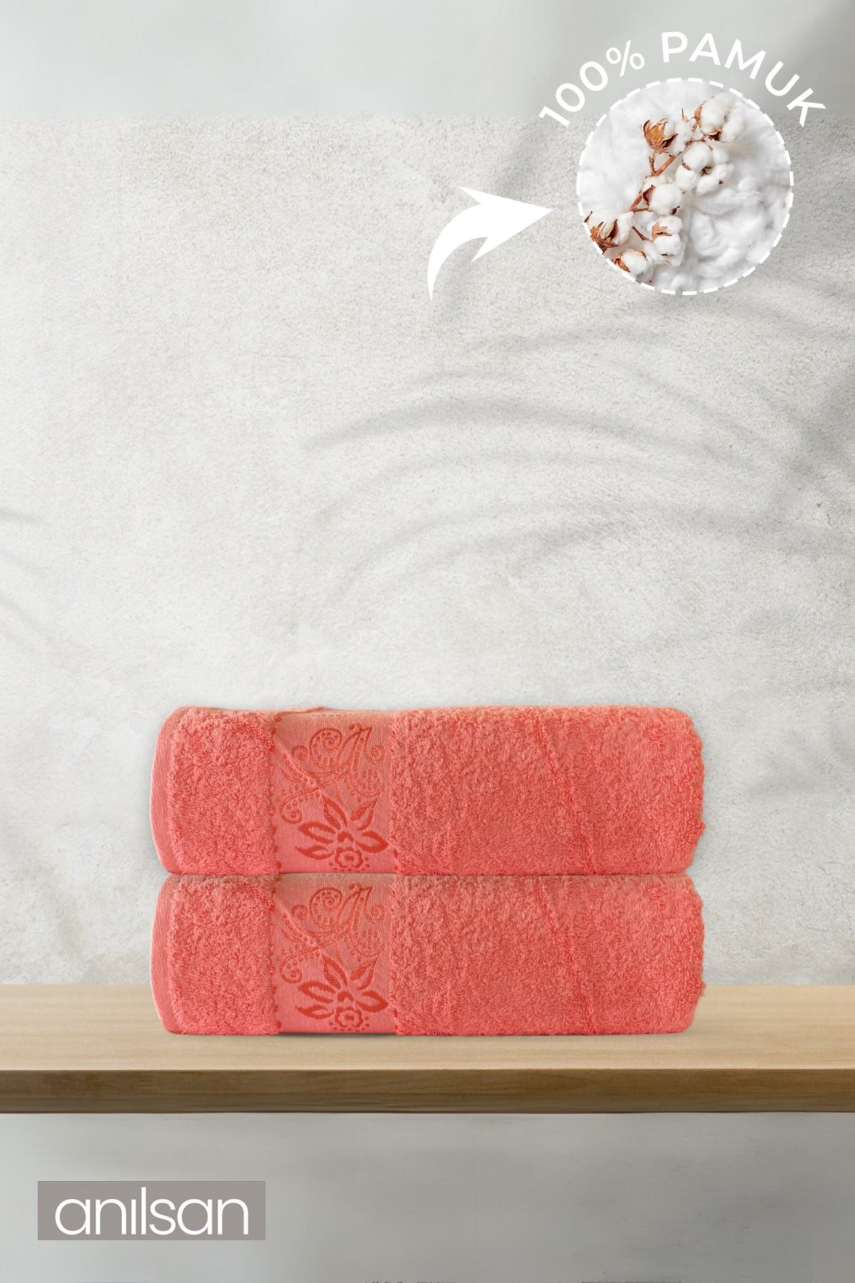 2'li Flora Pembe Banyo Havlusu - 70x140cm, 490gr, %100pamuk, Spa Ve Otel Havlusu