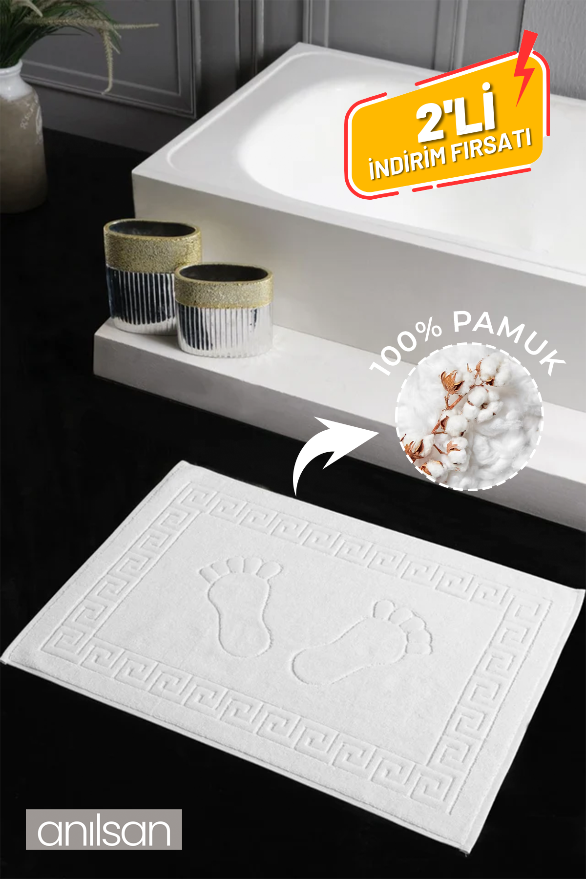 2'li Greek %100 Pamuk Ayak Havlusu -Beyaz 50x70, 245 Gr