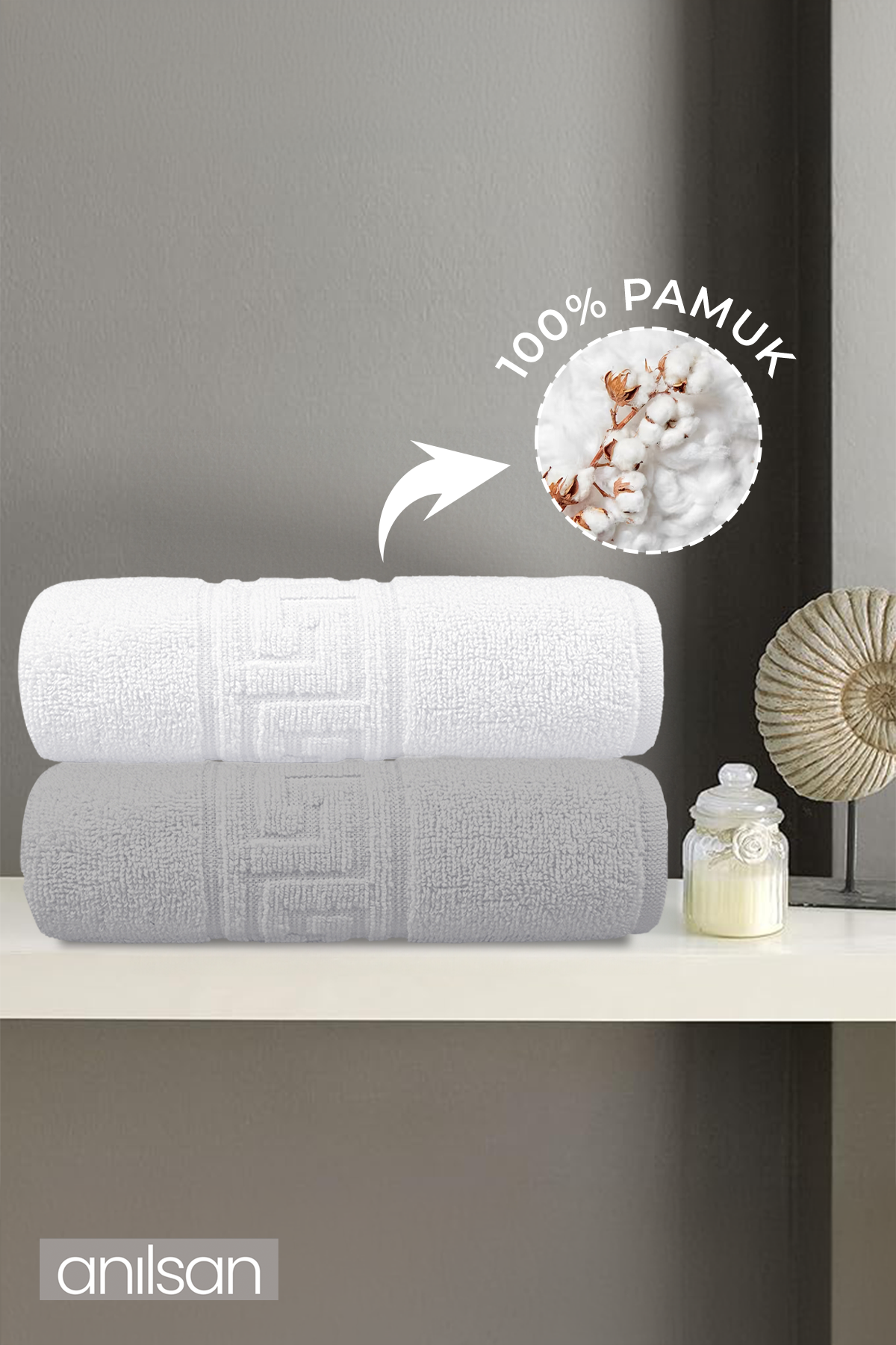 2'li Greek Gri-Beyaz Banyo Havlusu - 70x140 Cm, 490 Gr, %100pamuk, Spa Ve Otel Havlusu U