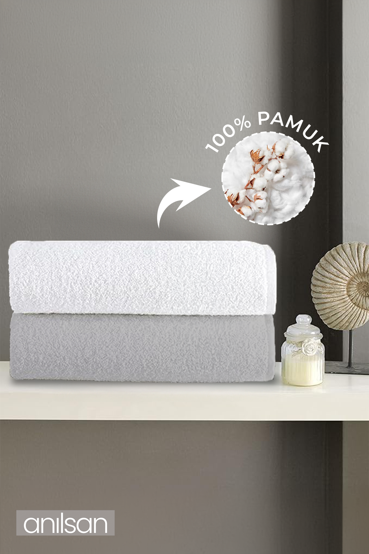 2'li Düz Gri-Beyaz Banyo Havlusu - 70x140 Cm, 490 Gr, %100pamuk, Spa Ve Otel Havlusu