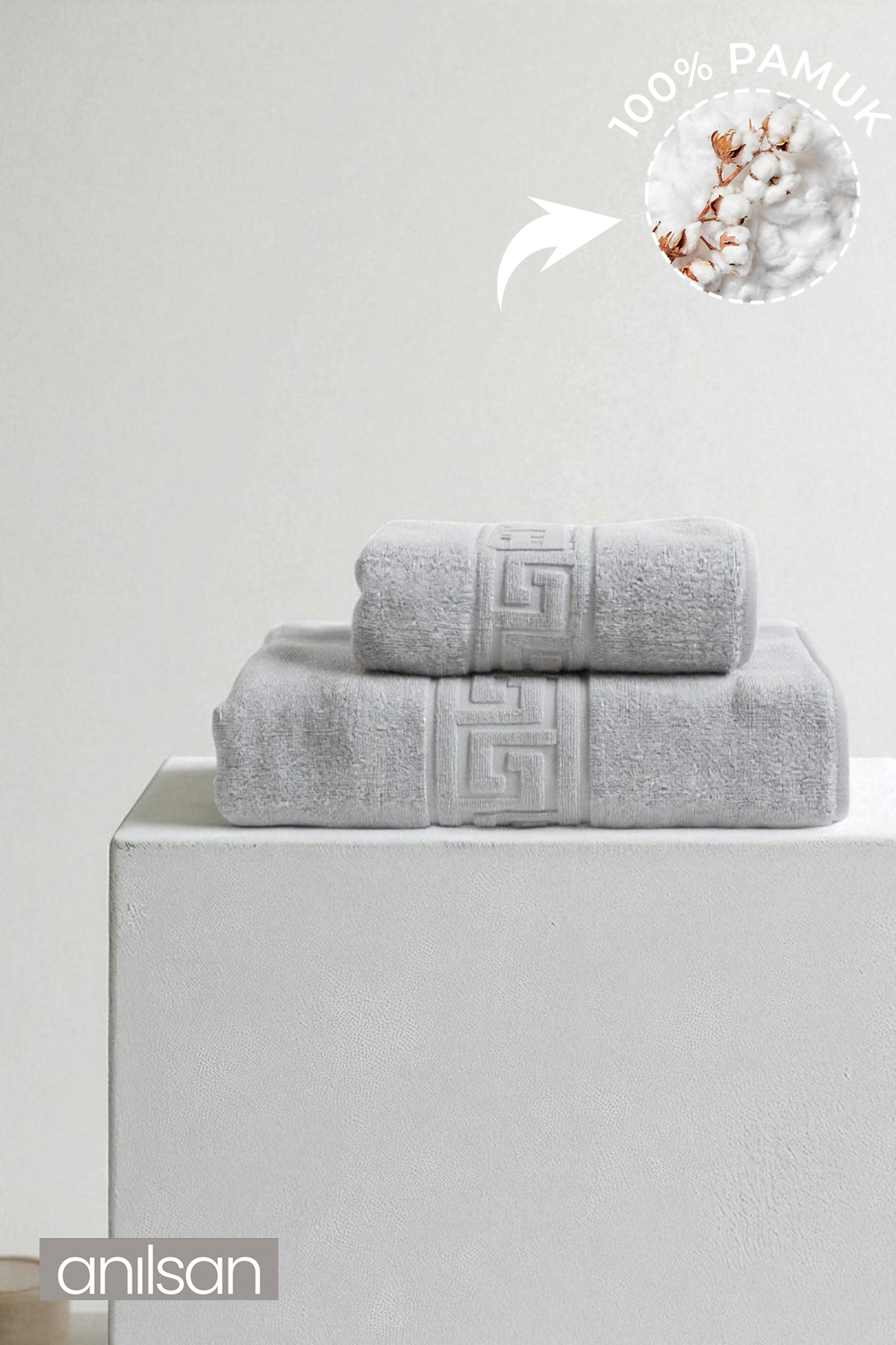 2'li Gri Greek Havlu Seti %100 Pamuk- 1 Adet El Havlusu 50x90 ve 1 Adet Banyo Havlusu 70x140