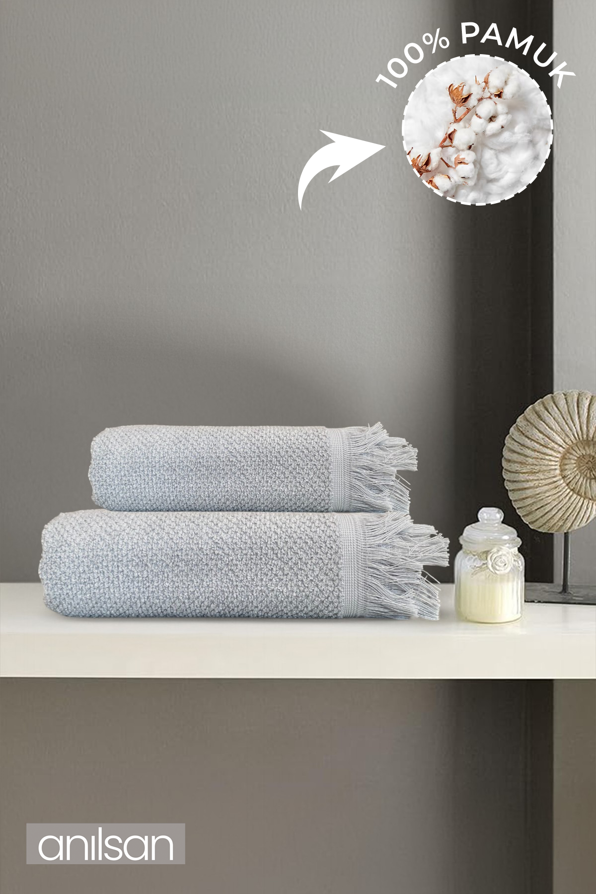2'li Gri Jelena Havlu Seti %100 Pamuk  - 1 Adet El Havlusu 50x90 ve 1 Adet Banyo Havlusu 70x140