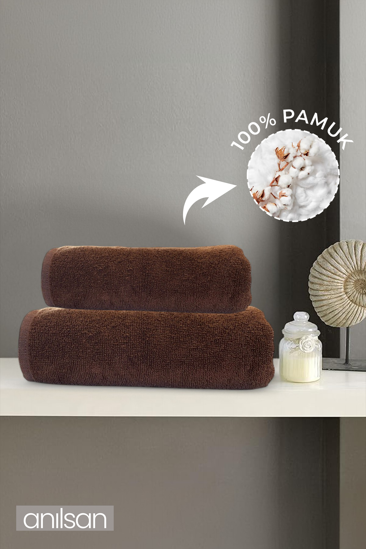 2'li Kahverengi Havlu Seti %100 Pamuk - 1 Adet El Havlusu 50x90 ve 1 Adet Banyo Havlusu 70x140