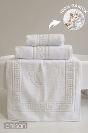 3'lü Beyaz Greek Havlu Set-1 Ad El Havlusu 50x90, 1 Ad Banyo Havlusu 70x140 1 Ad Ayak Havlusu 50x70