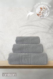3'lü Gri Greek Havlu Seti - 1 Ad El Havlusu 50x90, 1 Ad Banyo Havlusu 70x140, 1 Ad Ayak Havlusu 50x70