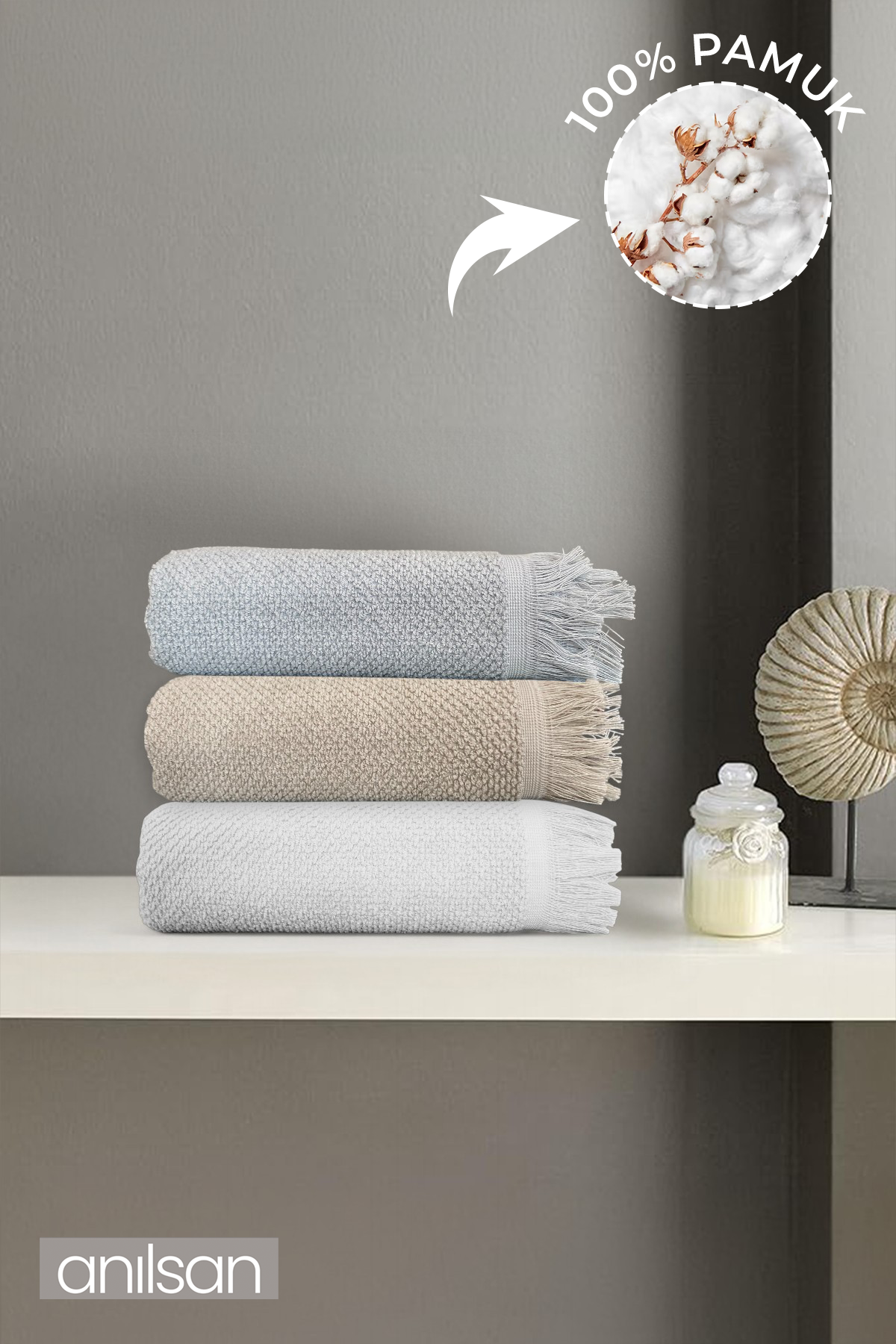 3'lü Jelena El Havlusu - 50x90 Cm, 225 Gr, %100 Pamuk, Spa Ve Otel Havlusu