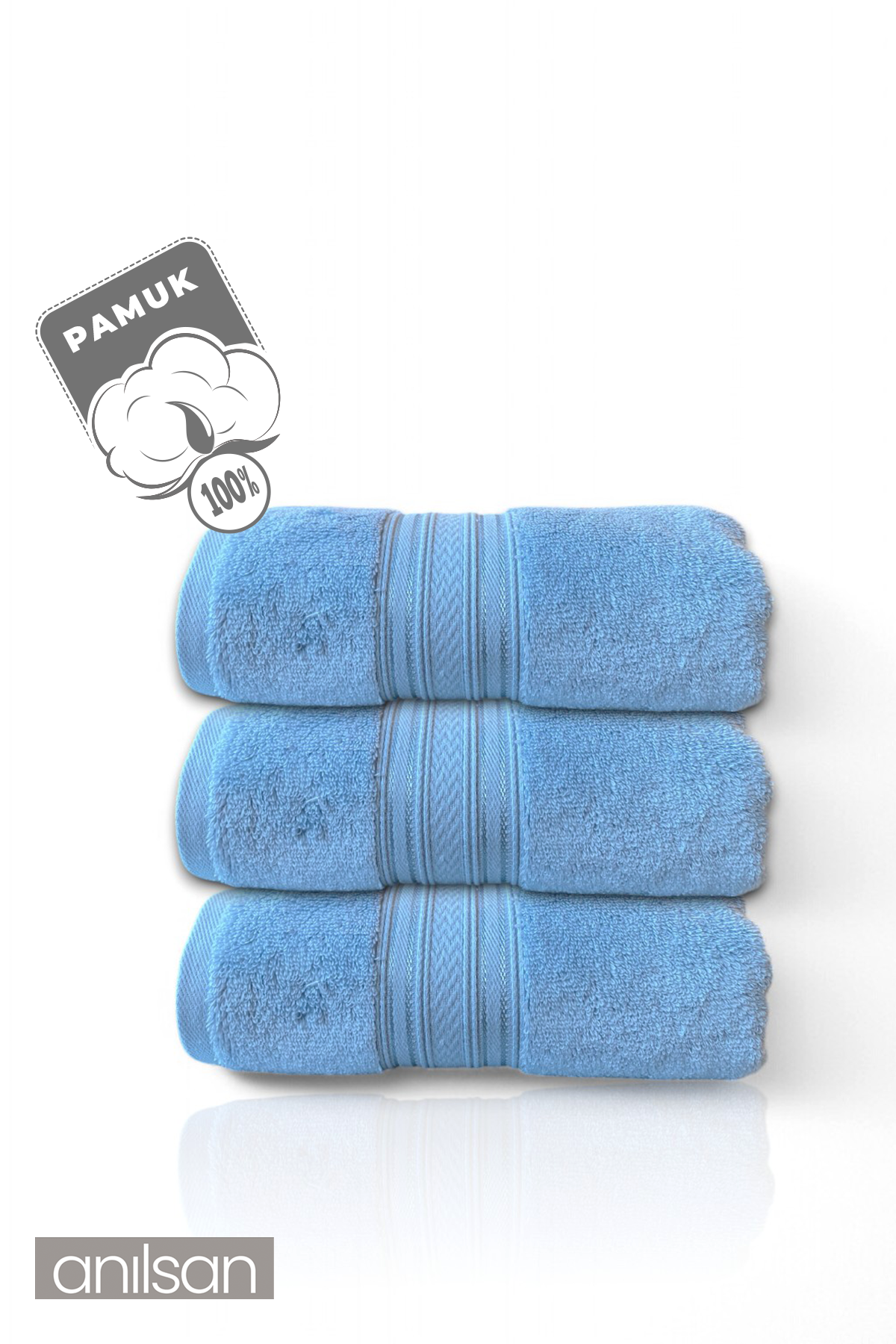 3'lü Mavi Süper Soft Bordürlü El Havlusu - 50x90 Cm, 250 Gr, %100 Pamuk, Spa Ve Otel Havlusu