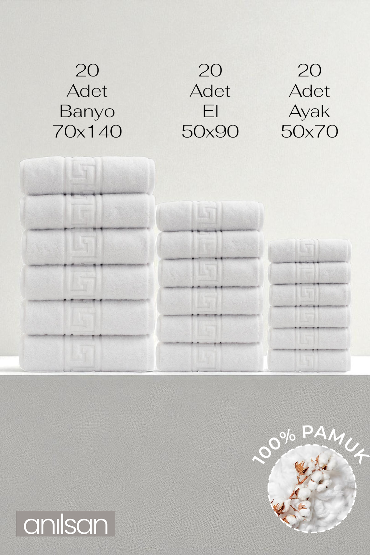 60'lı Greek Havlu Otel Serisi M - 20 El Havlu 50x90,  20 Banyo Havlu 70x140, 20 Ayak Havlu 50x70