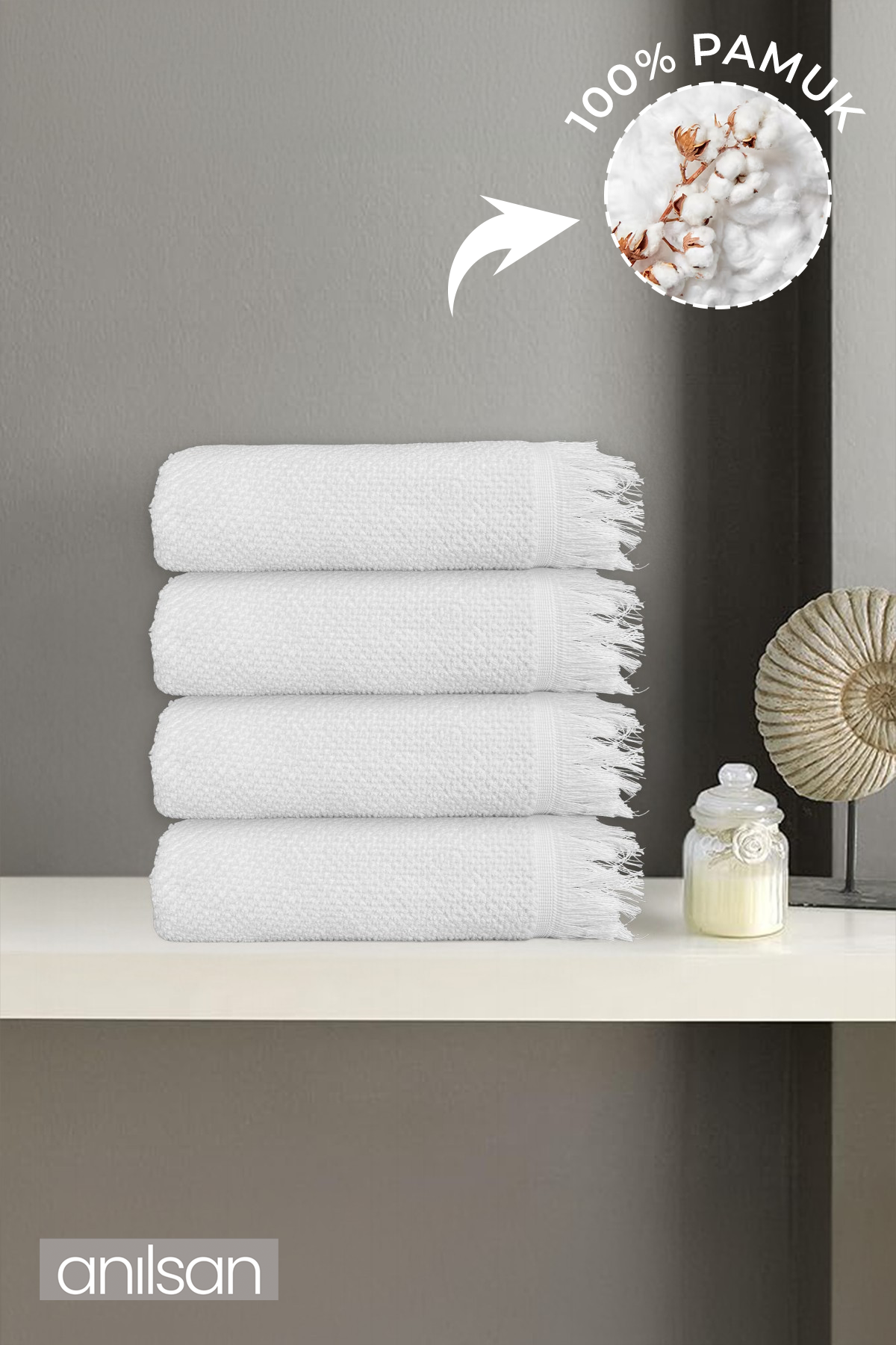 4'lı Beyaz Jelena El Havlusu - 50x90 Cm, 225 Gr, %100 Pamuk, Spa Ve Otel Havlusu