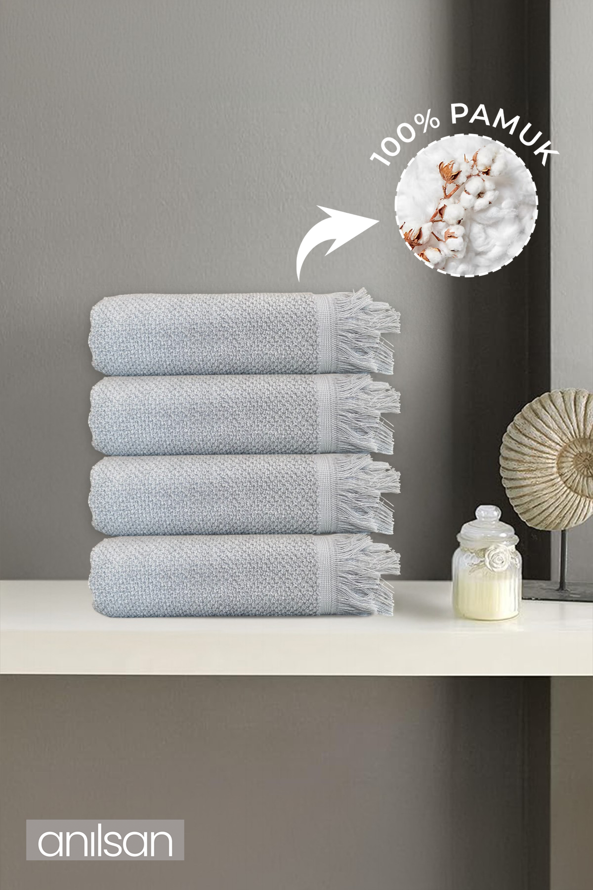 4'lı Gri Jelena El Havlusu - 50x90 Cm, 225 Gr, %100 Pamuk, Spa Ve Otel Havlusu