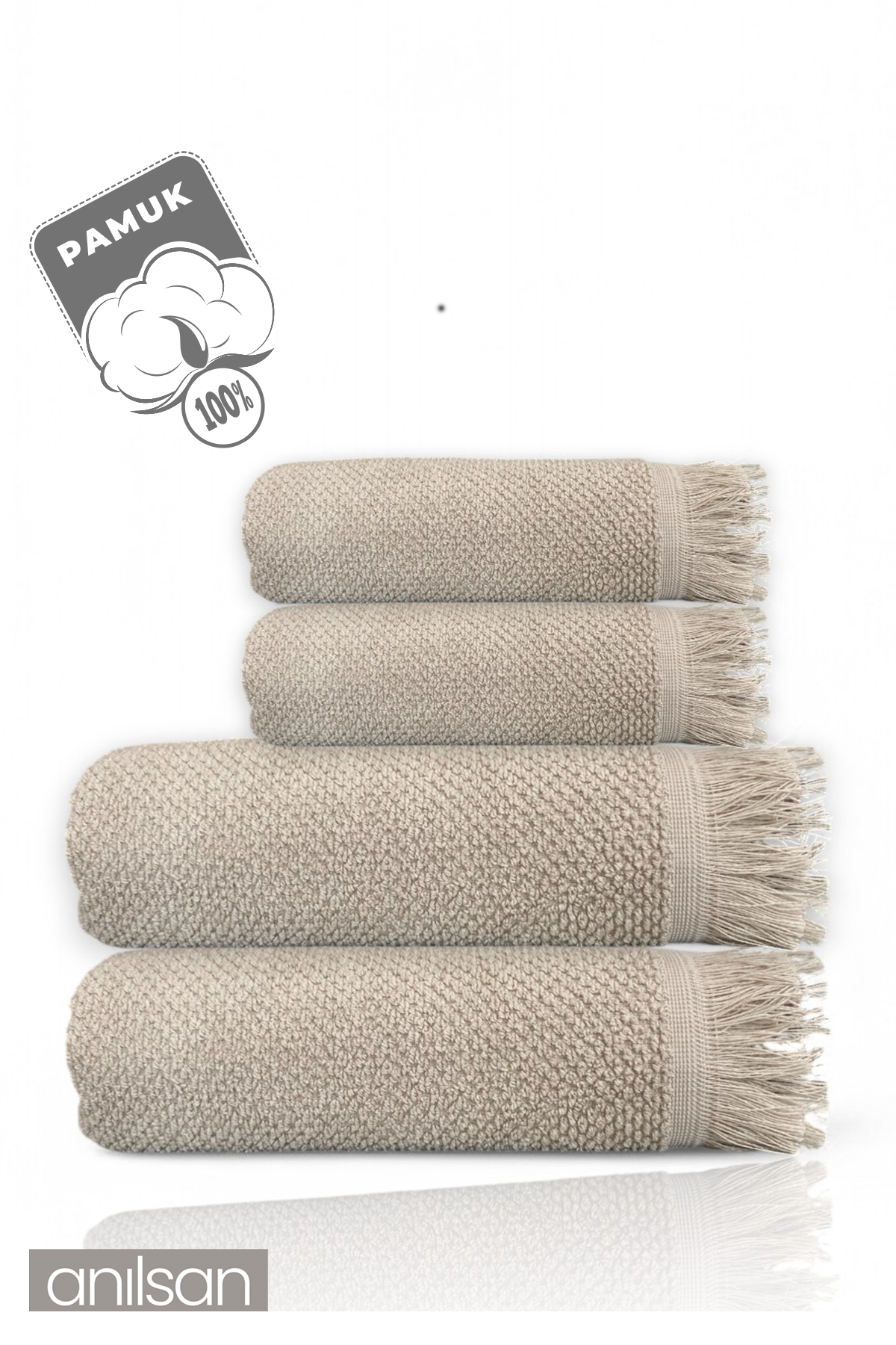 4'lü Bej Jelena Havlu Seti %100 Pamuk  - 2 Adet El Havlusu 50x90 ve 2 Adet Banyo Havlusu 70x140
