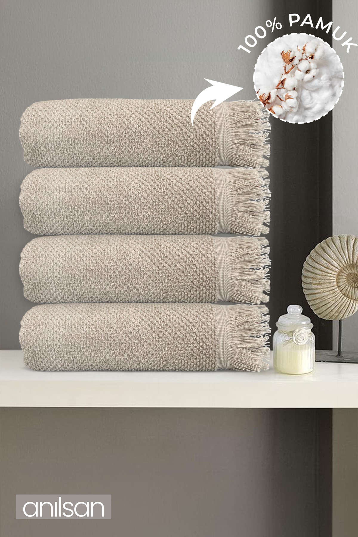 4'lü Bej Jelena Banyo Havlusu-70x140 Cm, 490 Gr, %100pamuk, Spa Ve Otel Havlusu Uy