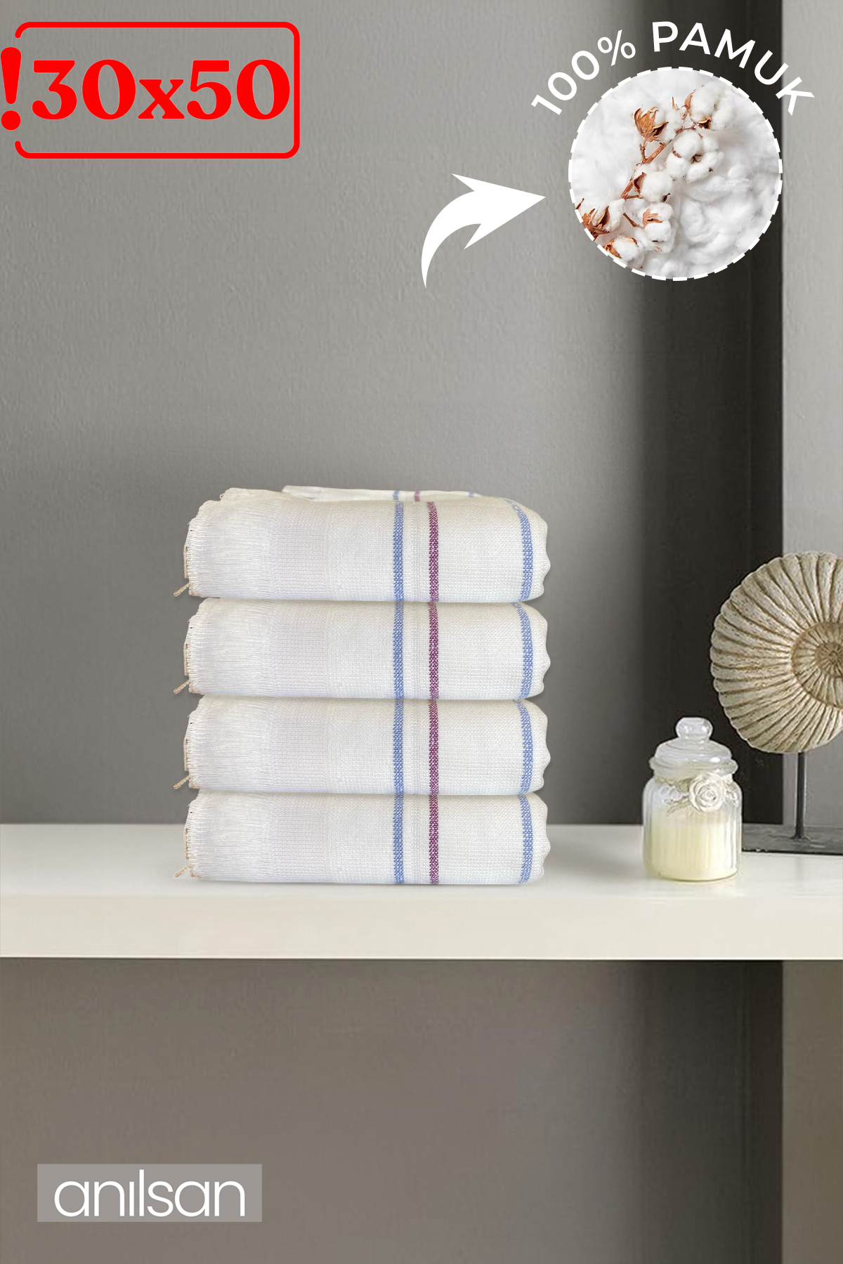 4'lü Beyaz Çizgili Düğün Havlusu 62Gr %100 Pamuk 30x50 cm El ve Yüz Havlusu