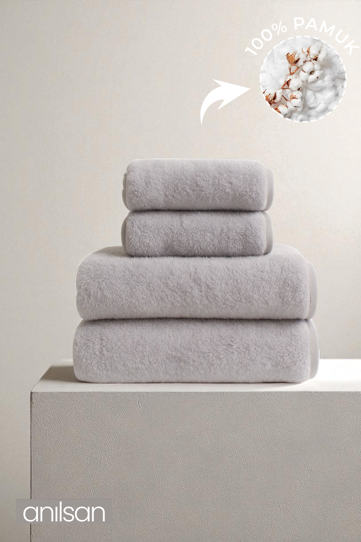 4'lü Gri Havlu Set %100 Pamuk - 2 Adet El Havlusu 50x90 ve 2 Adet Banyo Havlusu 70x140