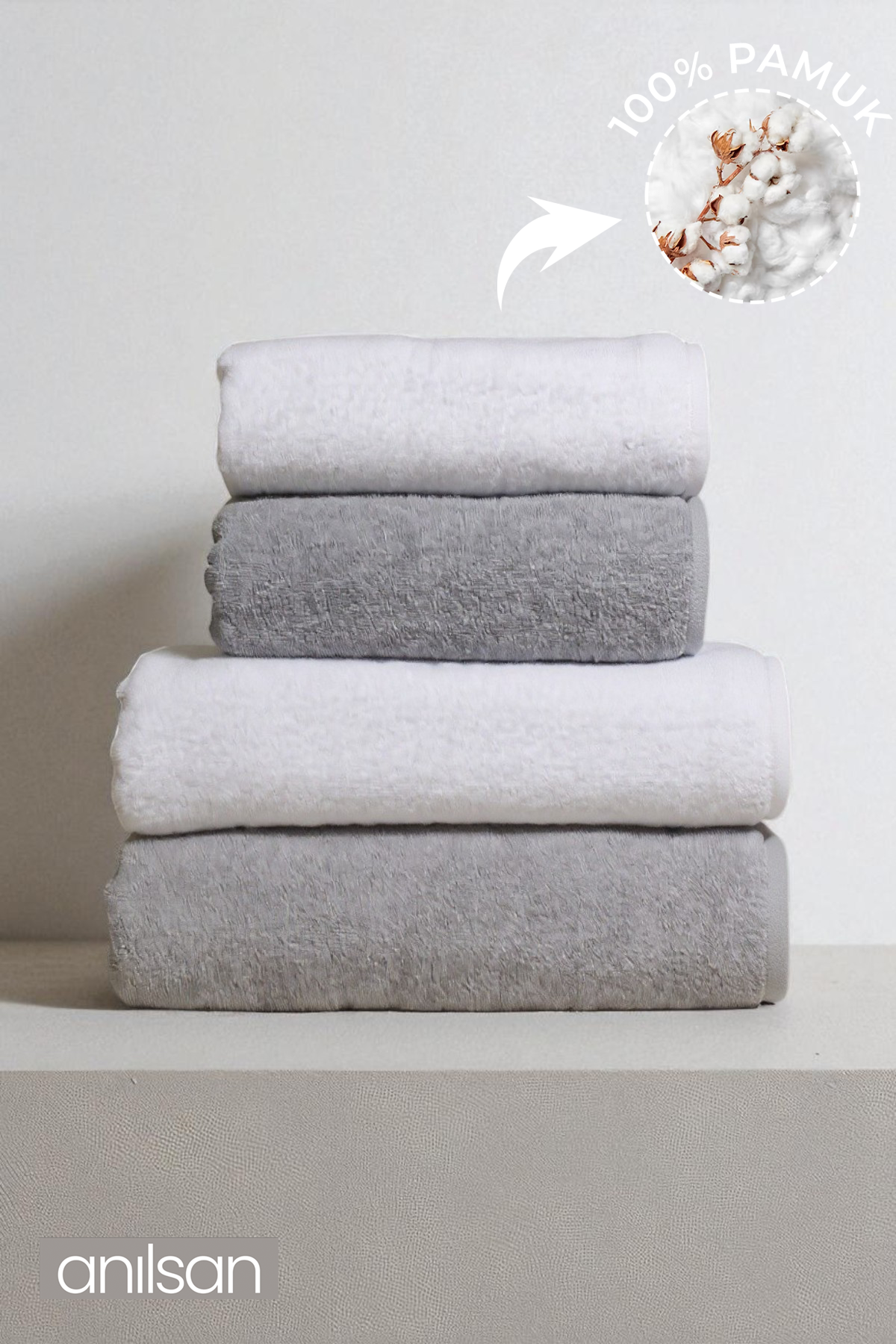 4'lü Gri-Beyaz Havlu Set %100 Pamuk - 2 Adet El Havlusu 50x90 ve 2 Adet Banyo Havlusu 70x140