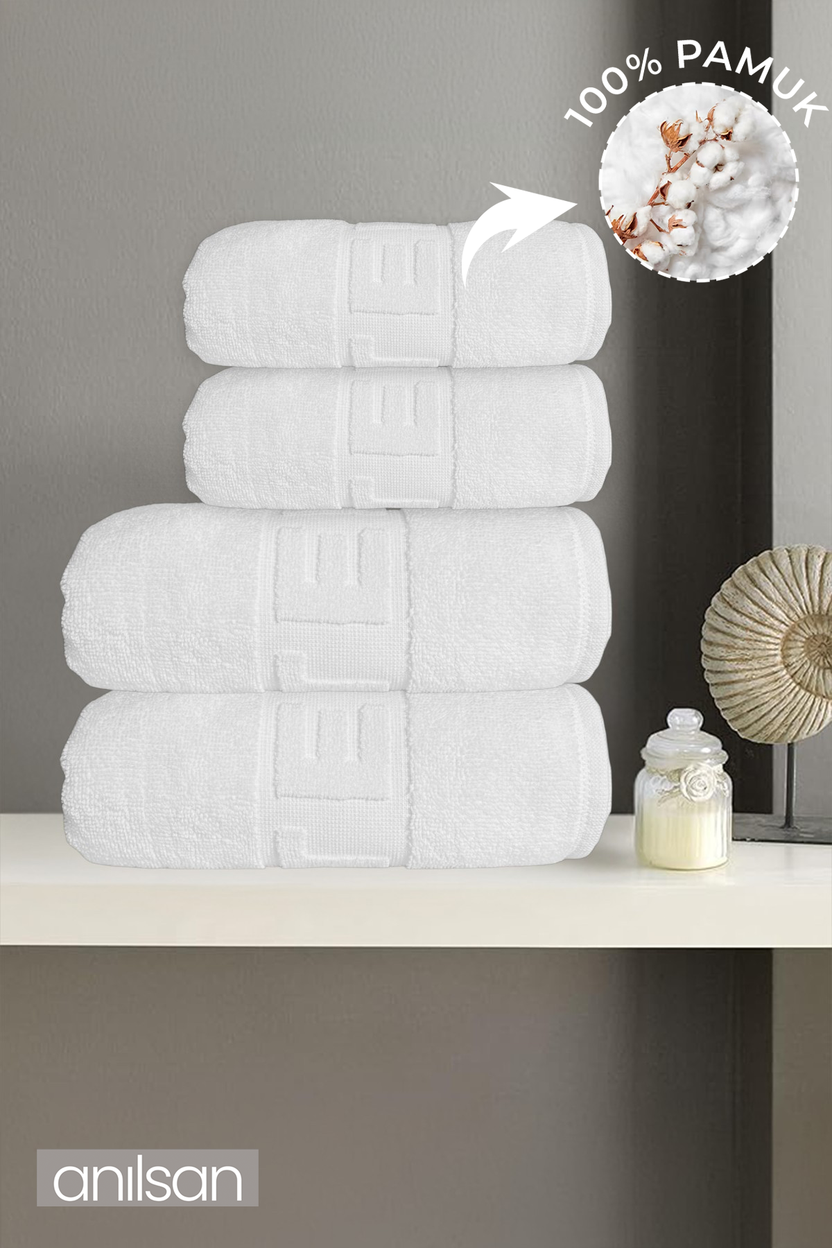 4'lü Beyaz Hotel Logo Havlu Seti %100 Pamuk - 2 Adet El Havlusu 50x90 ve 2 Adet Banyo Havlusu 70x140
