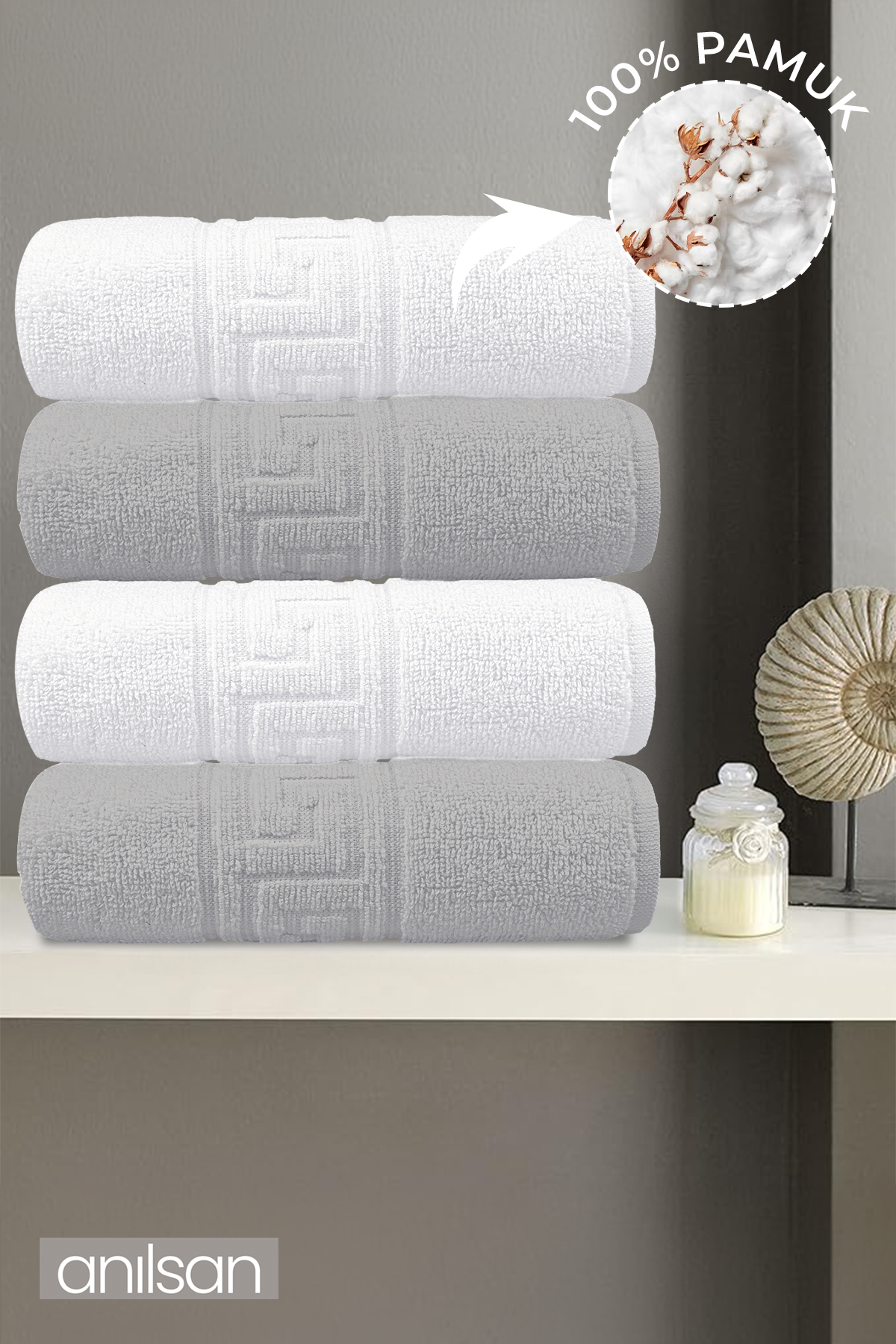 4'lu Greek Gri-Beyaz El Havlusu - 50x90 Cm, 225 Gr, %100 Pamuk, Spa Ve Otel Havlusu