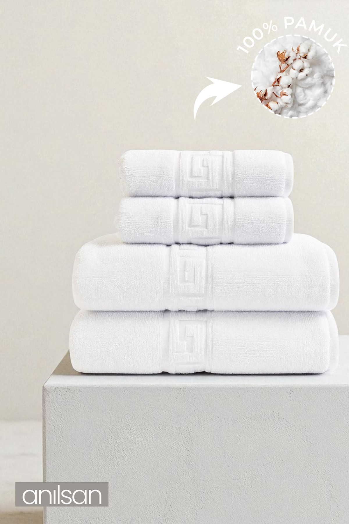 4'lü Greek Havlu Set %100Pamuk - 2 Adet El Havlusu 50x90 ve 2 Adet Banyo Havlusu 70x140