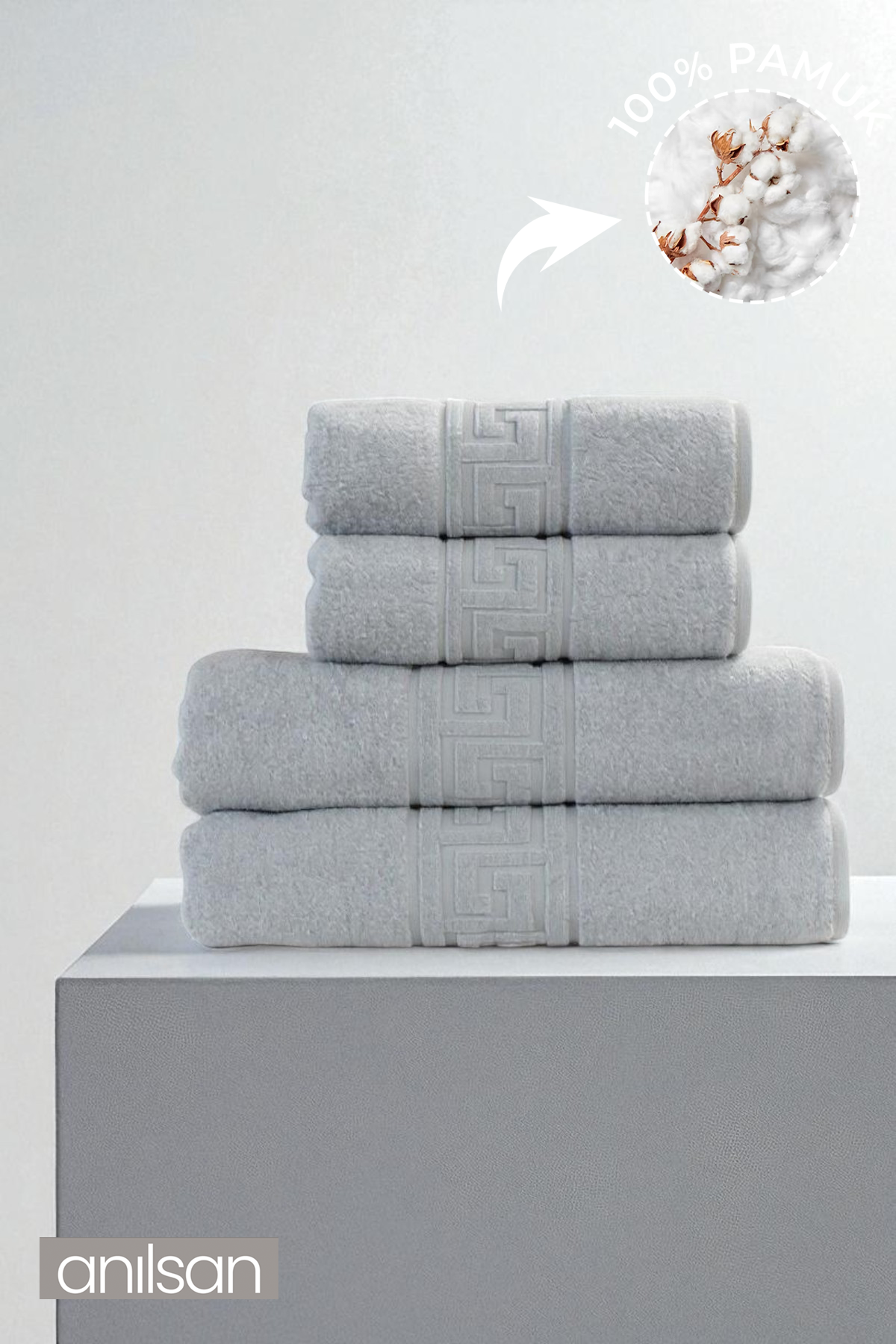 4'lü Gri Greek Havlu Set %100Pamuk - 2 Adet El Havlusu 50x90 ve 2 Adet Banyo Havlusu 70x140