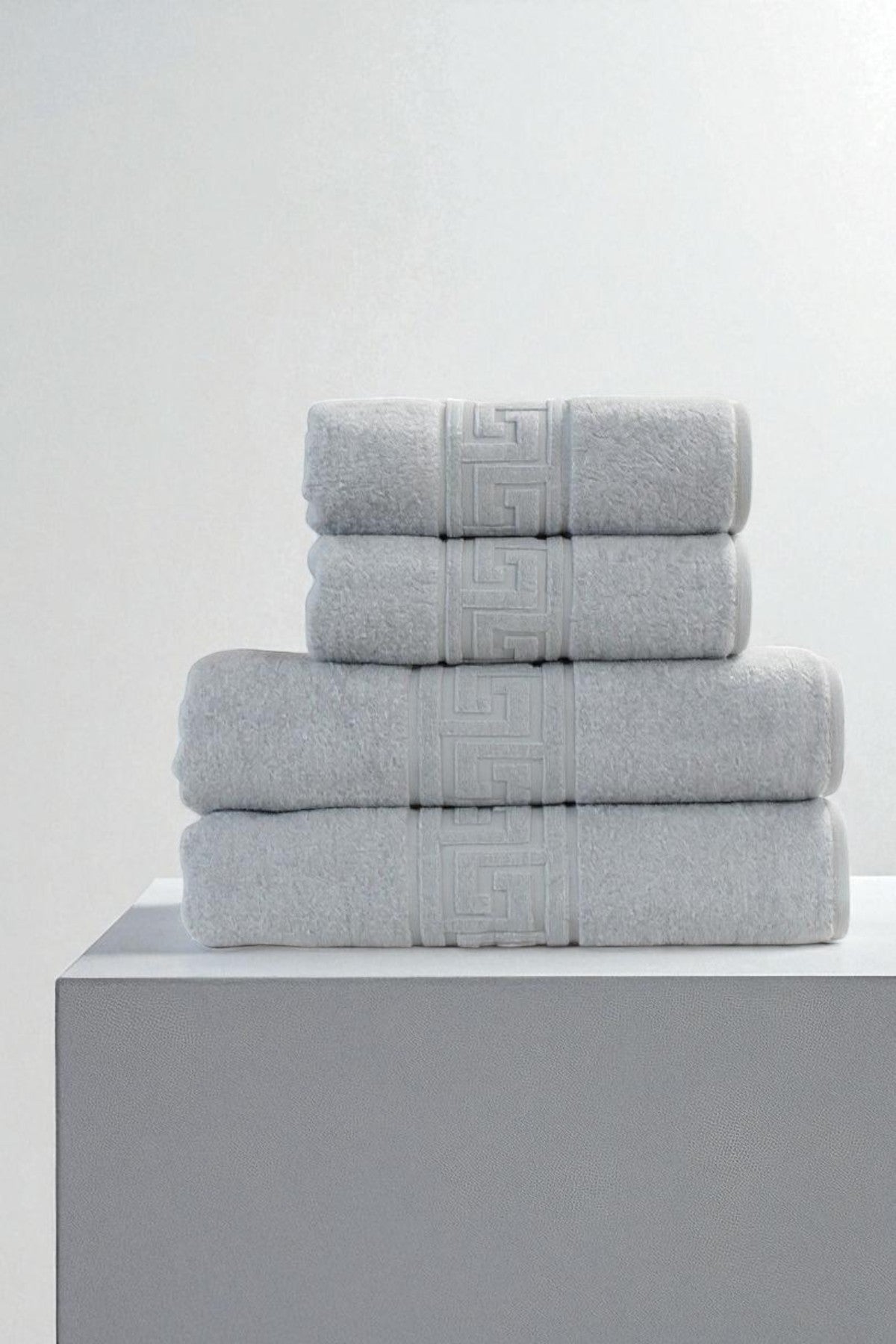 4'lü Gri Greek Havlu Set %100Pamuk - 2 Adet El Havlusu 50x90 ve 2 Adet Banyo Havlusu 70x140