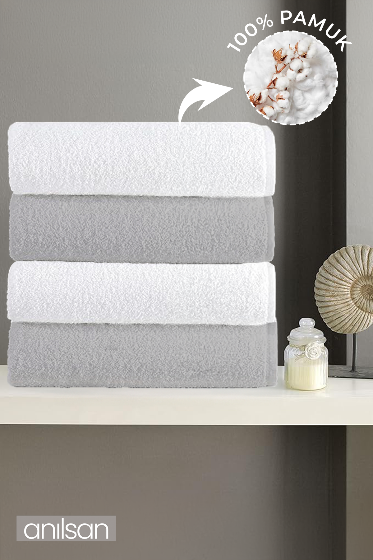 4'lu Düz Gri-Beyaz Banyo Havlusu - 70x140 Cm, 490 Gr, %100pamuk, Spa Ve Otel Havlusu