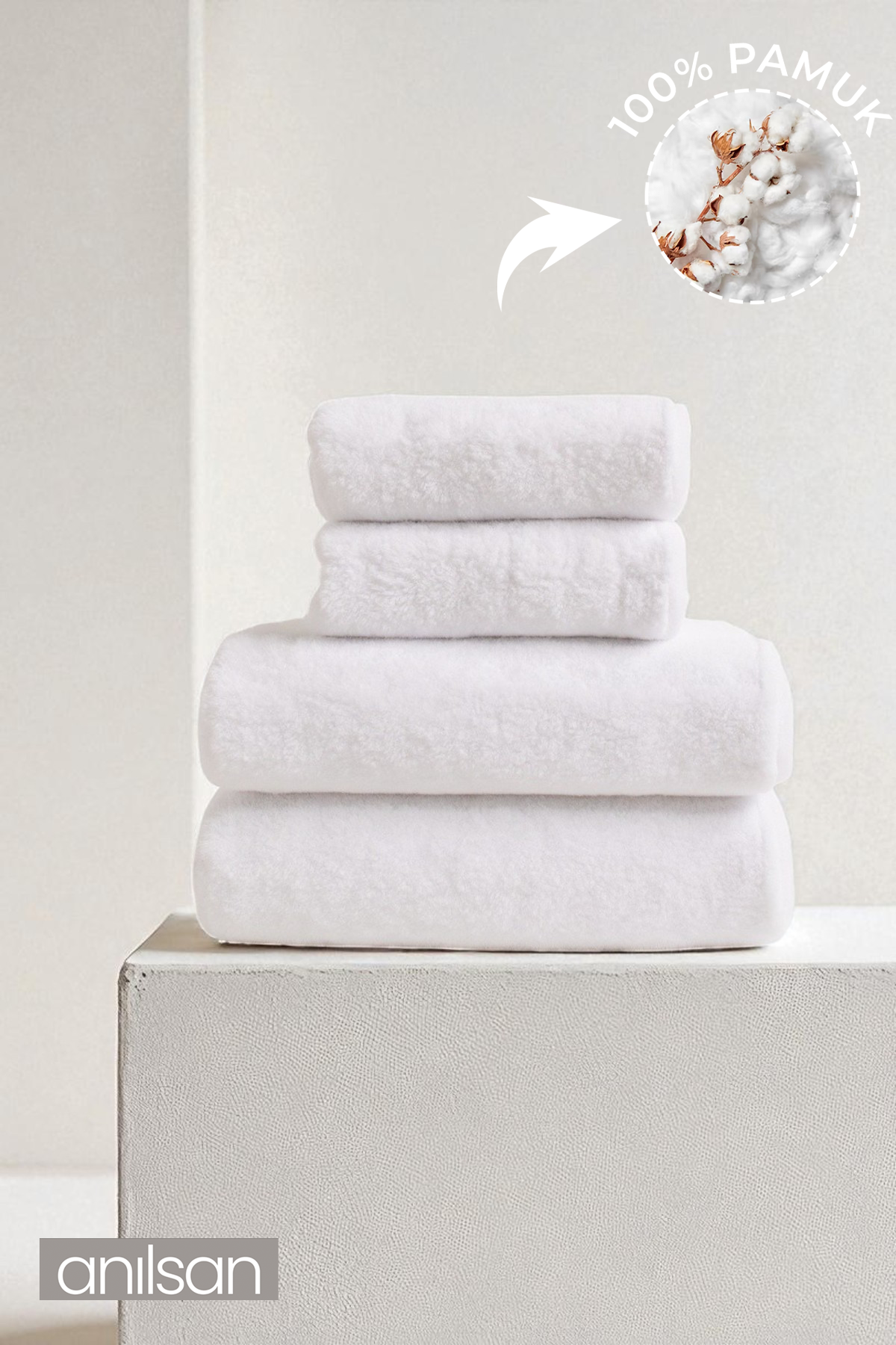 4'lü Düz Beyaz Havlu Set %100 Pamuk - 2 Adet El Havlusu 50x90 ve 2 Adet Banyo Havlusu 70x140