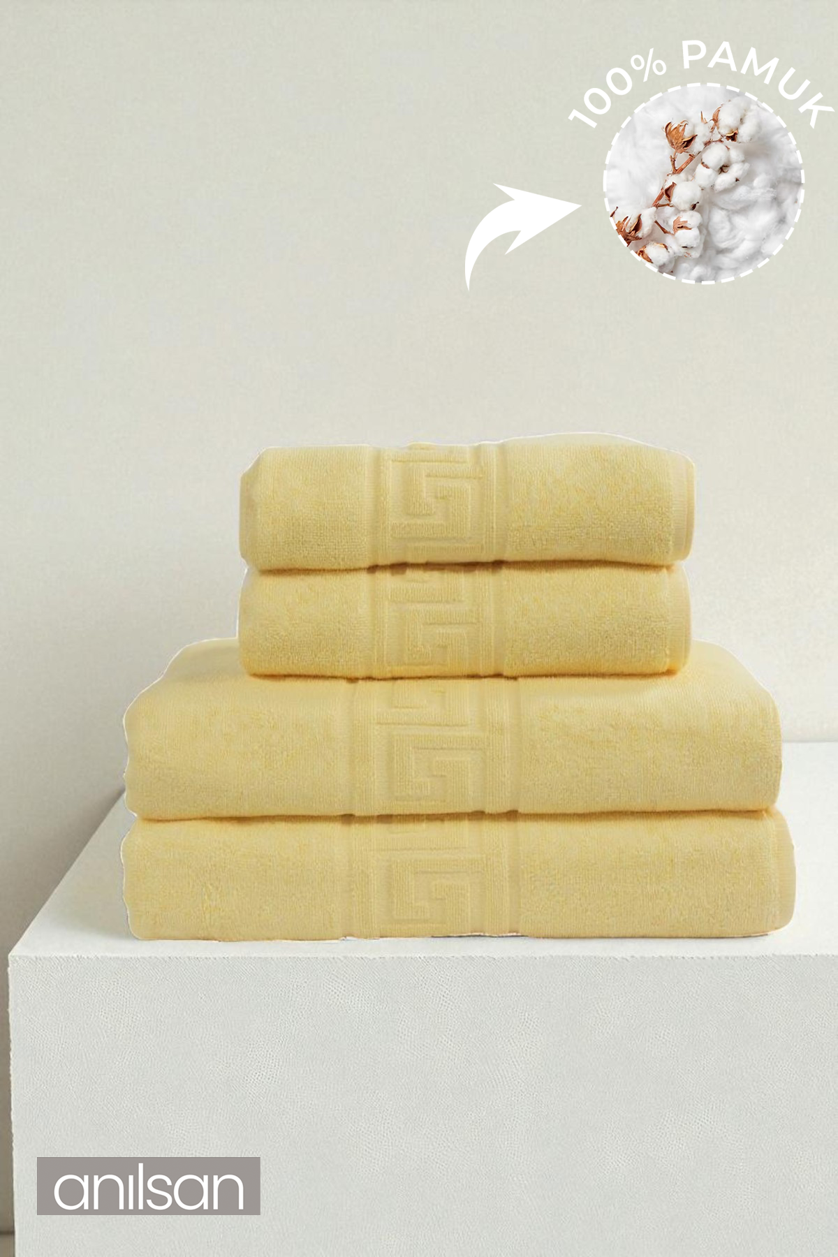 4'lü Mavi Greek Havlu Set %100Pamuk - 2 Adet El Havlusu 50x90 ve 2 Adet Banyo Havlusu 70x140