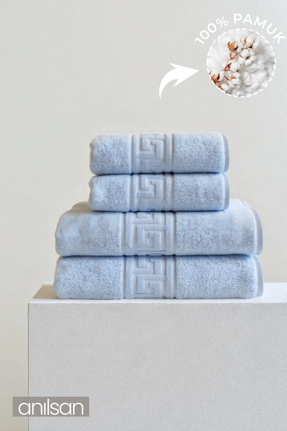 4'lü Mavi Greek Havlu Set %100Pamuk - 2 Adet El Havlusu 50x90 ve 2 Adet Banyo Havlusu 70x140