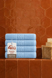 4'lü Greek Mavi Banyo Havlusu - 70x140 Cm, 490 Gr, %100pamuk, Spa Ve Otel Havlusu