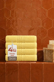 4'lü Greek Sarı Banyo Havlusu - 70x140 Cm, 490 Gr, %100pamuk, Spa Ve Otel Havlusu