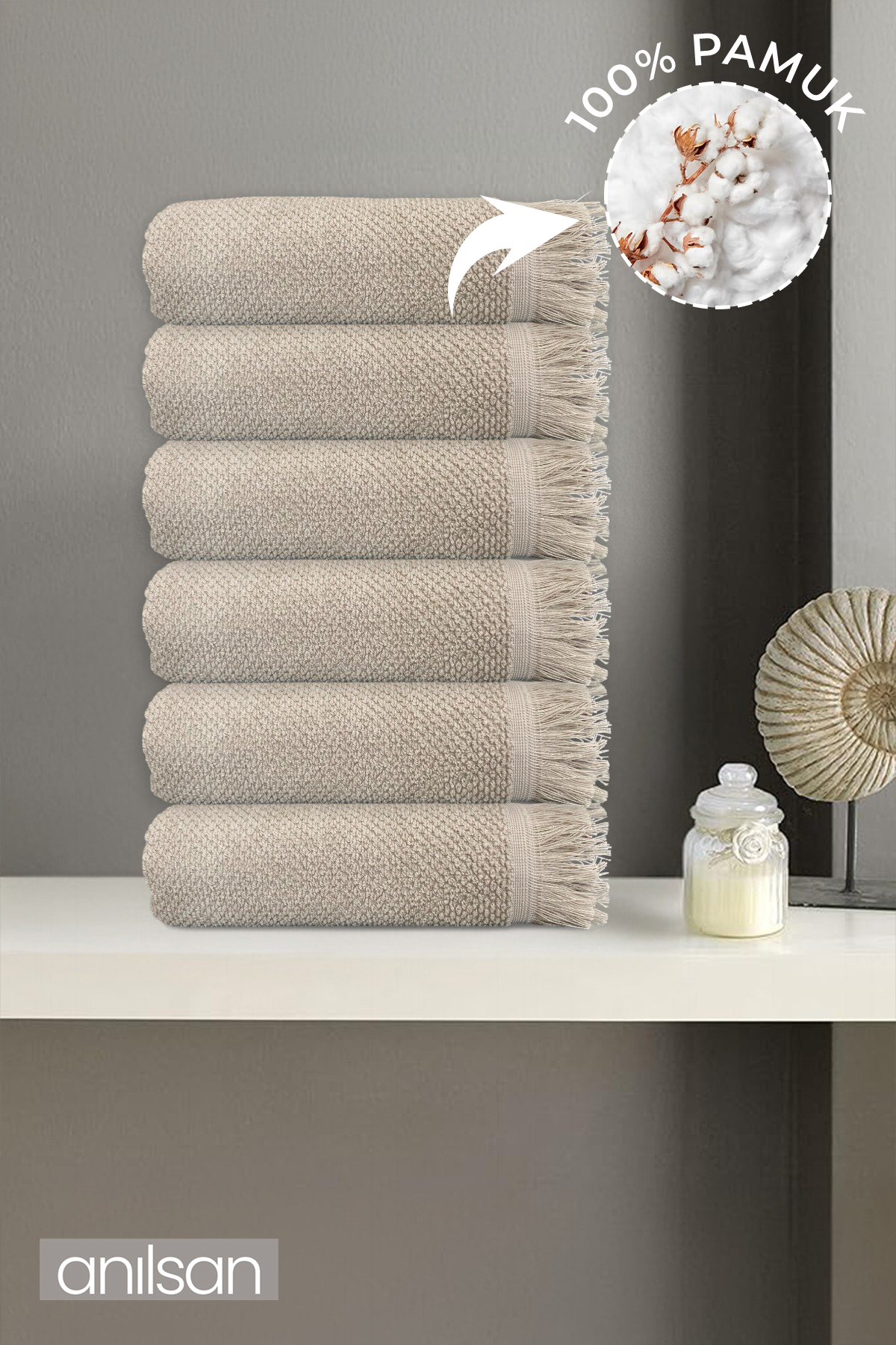 6'lı Bej Jelena El Havlusu - 50x90 Cm, 225 Gr, %100 Pamuk, Spa Ve Otel Havlusu