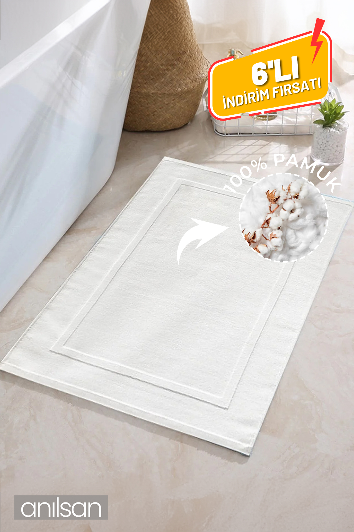6'lı Düz %100 Pamuk Ayak Havlusu- Beyaz 50x70, 245 Gr